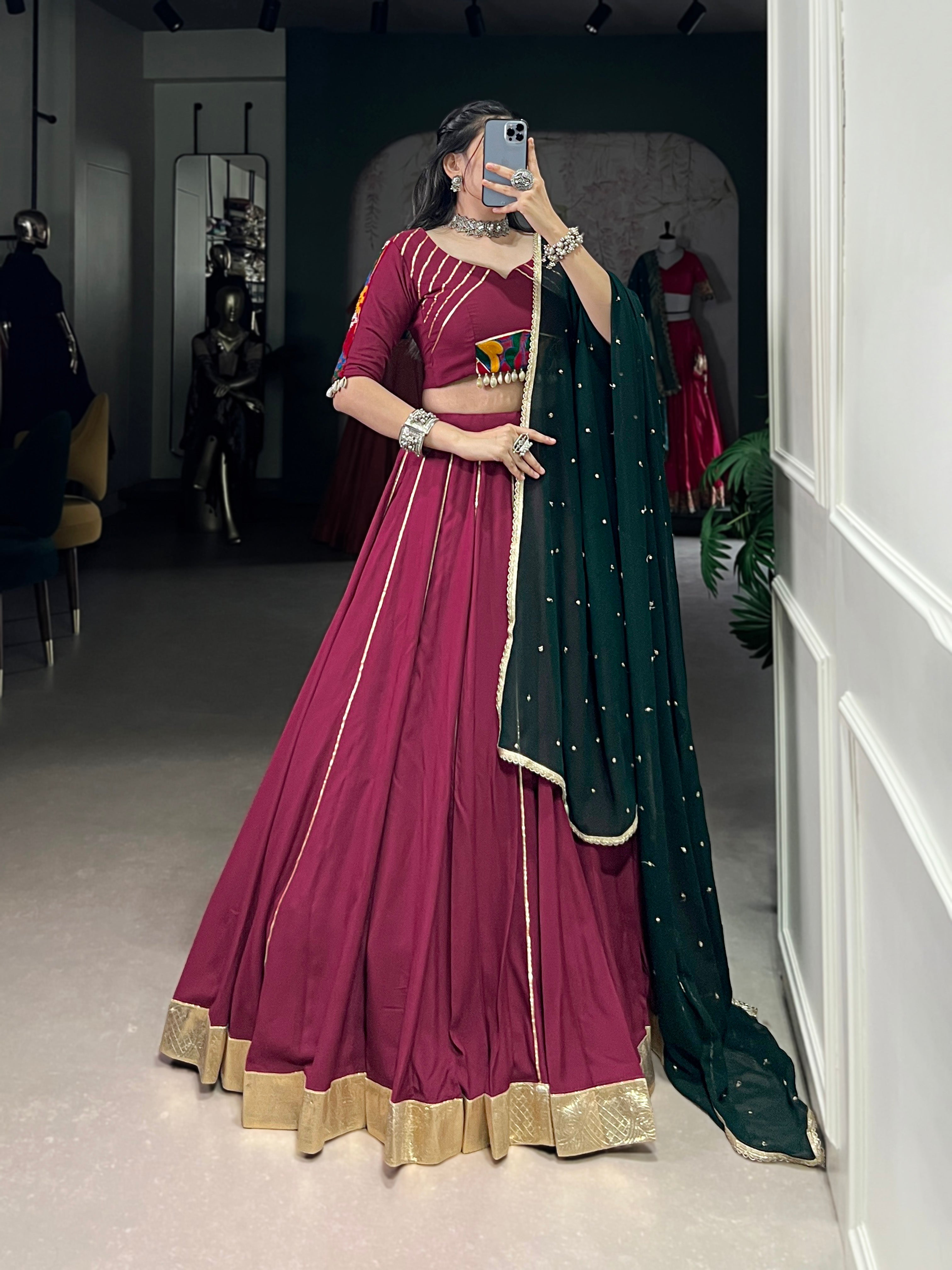 Lorenvalley Ranipink Pure Rayon Embossed Design With Gotta Patti Lace Touch Up Lehenga Choli with Dupatta