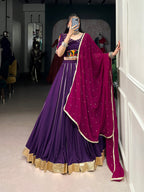 Lorenvalley Purple Pure Rayon Embossed Design With Gotta Patti Lace Touch Up Lehenga Choli with Dupatta