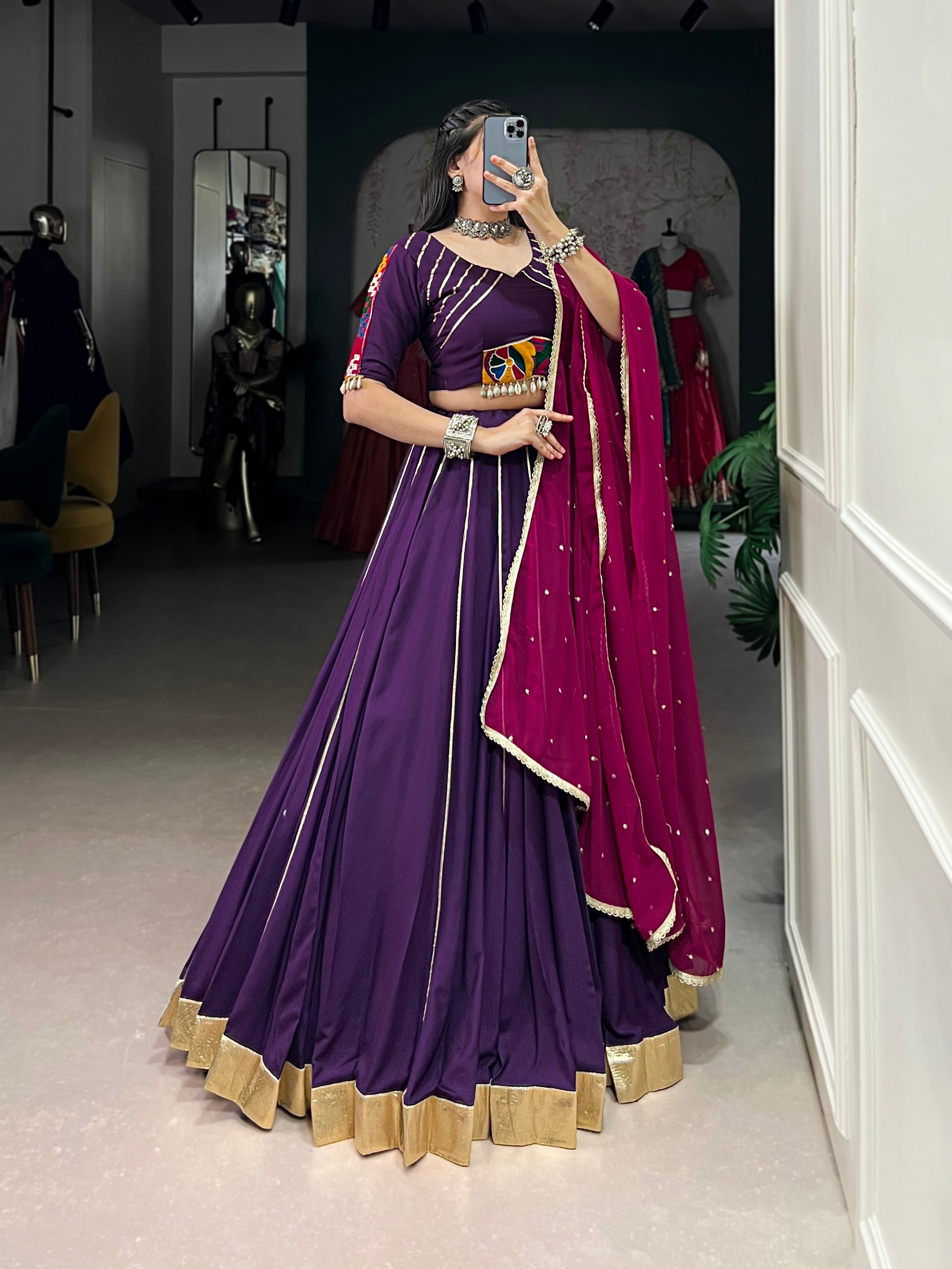 Lorenvalley Purple Pure Rayon Embossed Design With Gotta Patti Lace Touch Up Lehenga Choli with Dupatta
