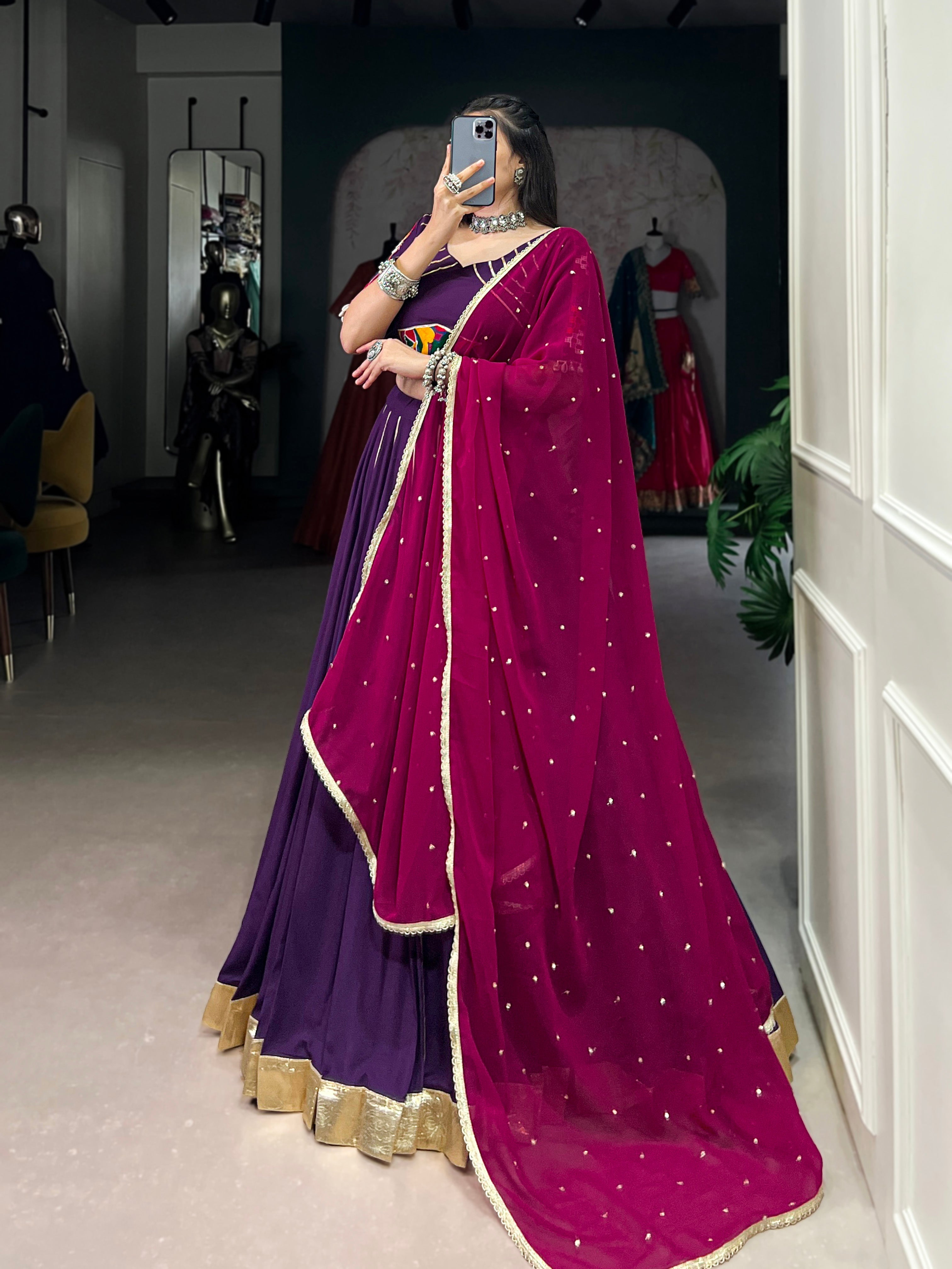 Lorenvalley Purple Pure Rayon Embossed Design With Gotta Patti Lace Touch Up Lehenga Choli with Dupatta
