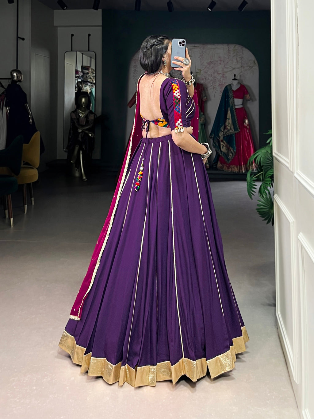 Lorenvalley Purple Pure Rayon Embossed Design With Gotta Patti Lace Touch Up Lehenga Choli with Dupatta