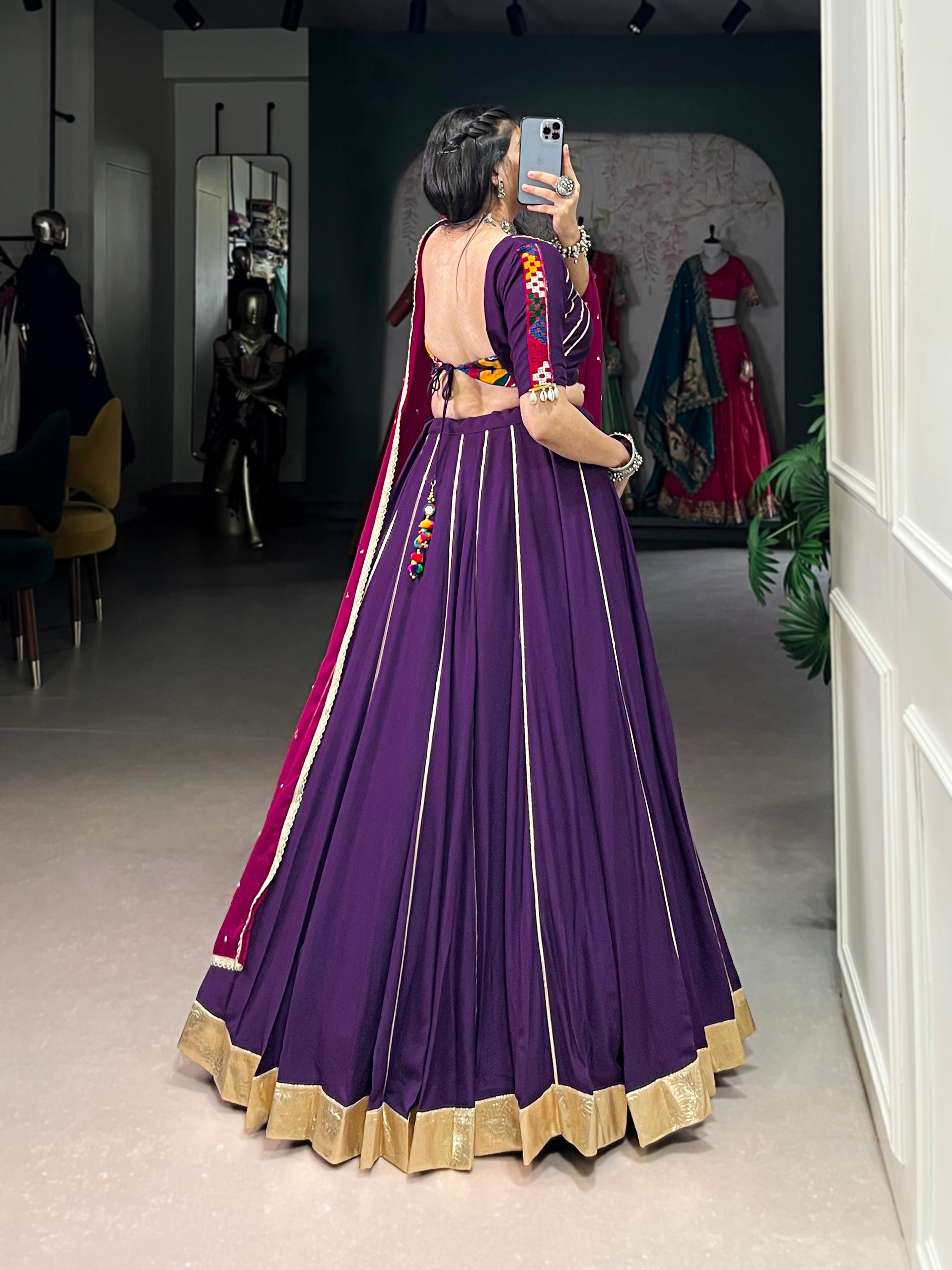 Lorenvalley Purple Pure Rayon Embossed Design With Gotta Patti Lace Touch Up Lehenga Choli with Dupatta