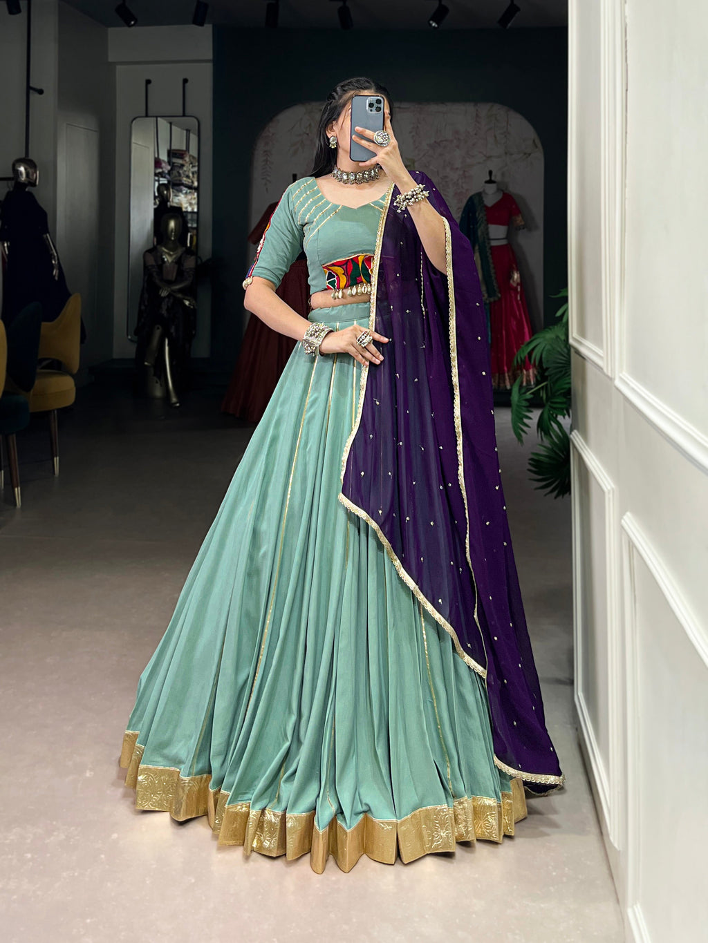 Lorenvalley Seagreen Pure Rayon Embossed Design With Gotta Patti Lace Touch Up Lehenga Choli with Dupatta
