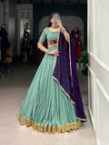 Lorenvalley Seagreen Pure Rayon Embossed Design With Gotta Patti Lace Touch Up Lehenga Choli with Dupatta