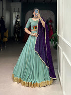 Lorenvalley Seagreen Pure Rayon Embossed Design With Gotta Patti Lace Touch Up Lehenga Choli with Dupatta