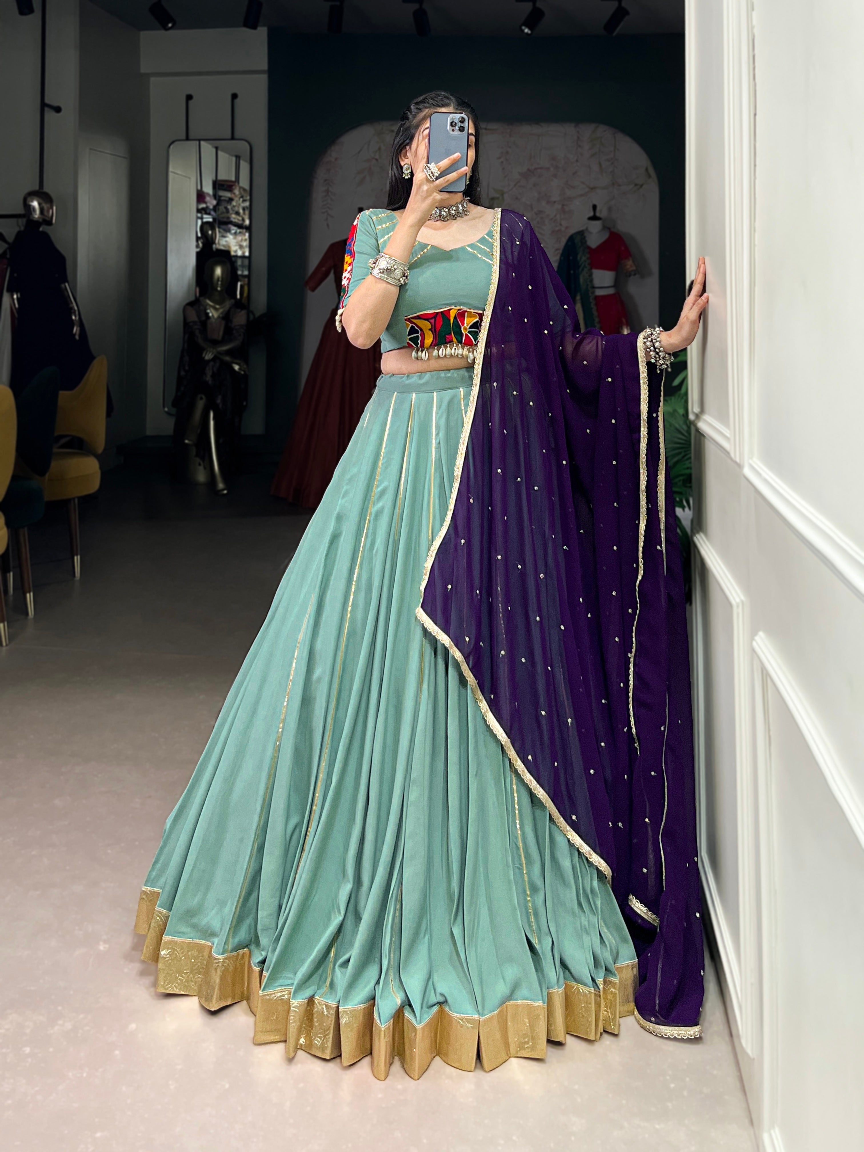 Lorenvalley Seagreen Pure Rayon Embossed Design With Gotta Patti Lace Touch Up Lehenga Choli with Dupatta