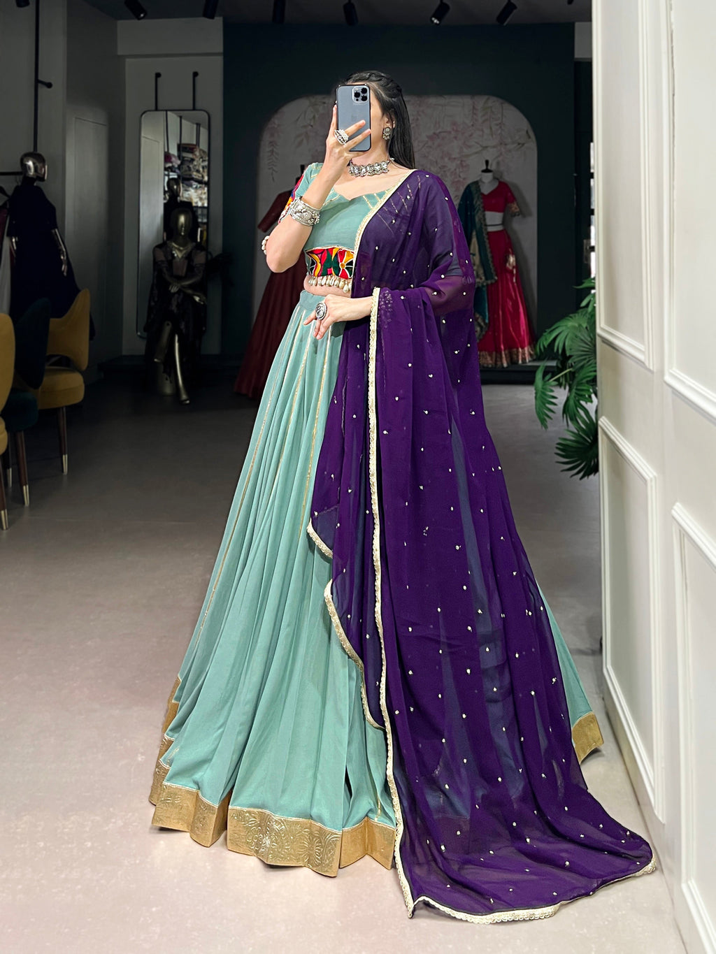 Lorenvalley Seagreen Pure Rayon Embossed Design With Gotta Patti Lace Touch Up Lehenga Choli with Dupatta