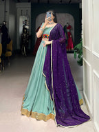 Lorenvalley Seagreen Pure Rayon Embossed Design With Gotta Patti Lace Touch Up Lehenga Choli with Dupatta