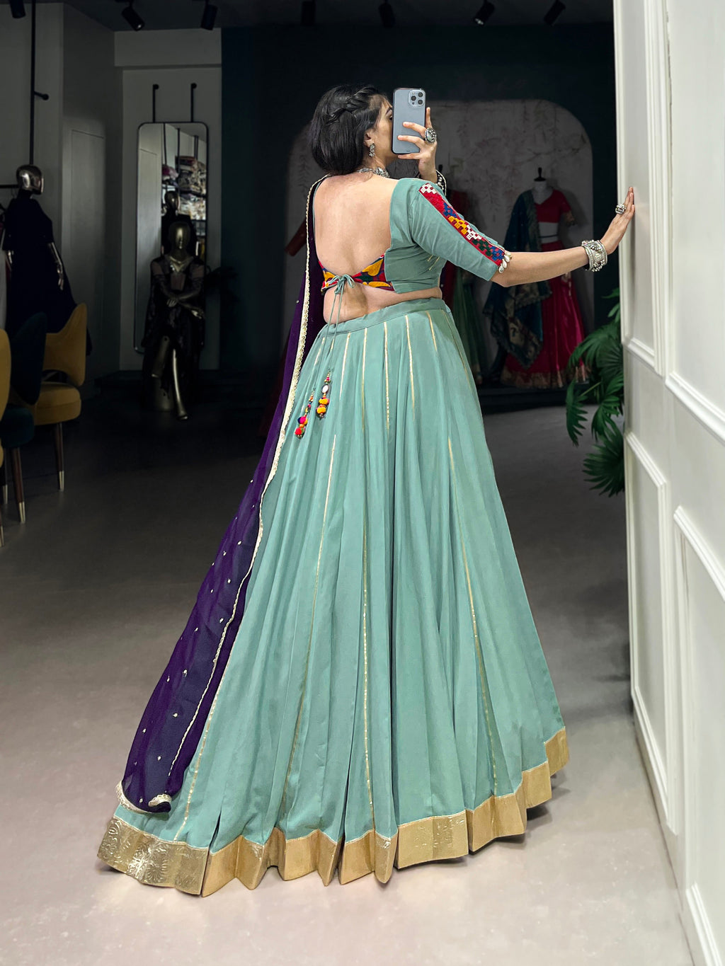 Lorenvalley Seagreen Pure Rayon Embossed Design With Gotta Patti Lace Touch Up Lehenga Choli with Dupatta