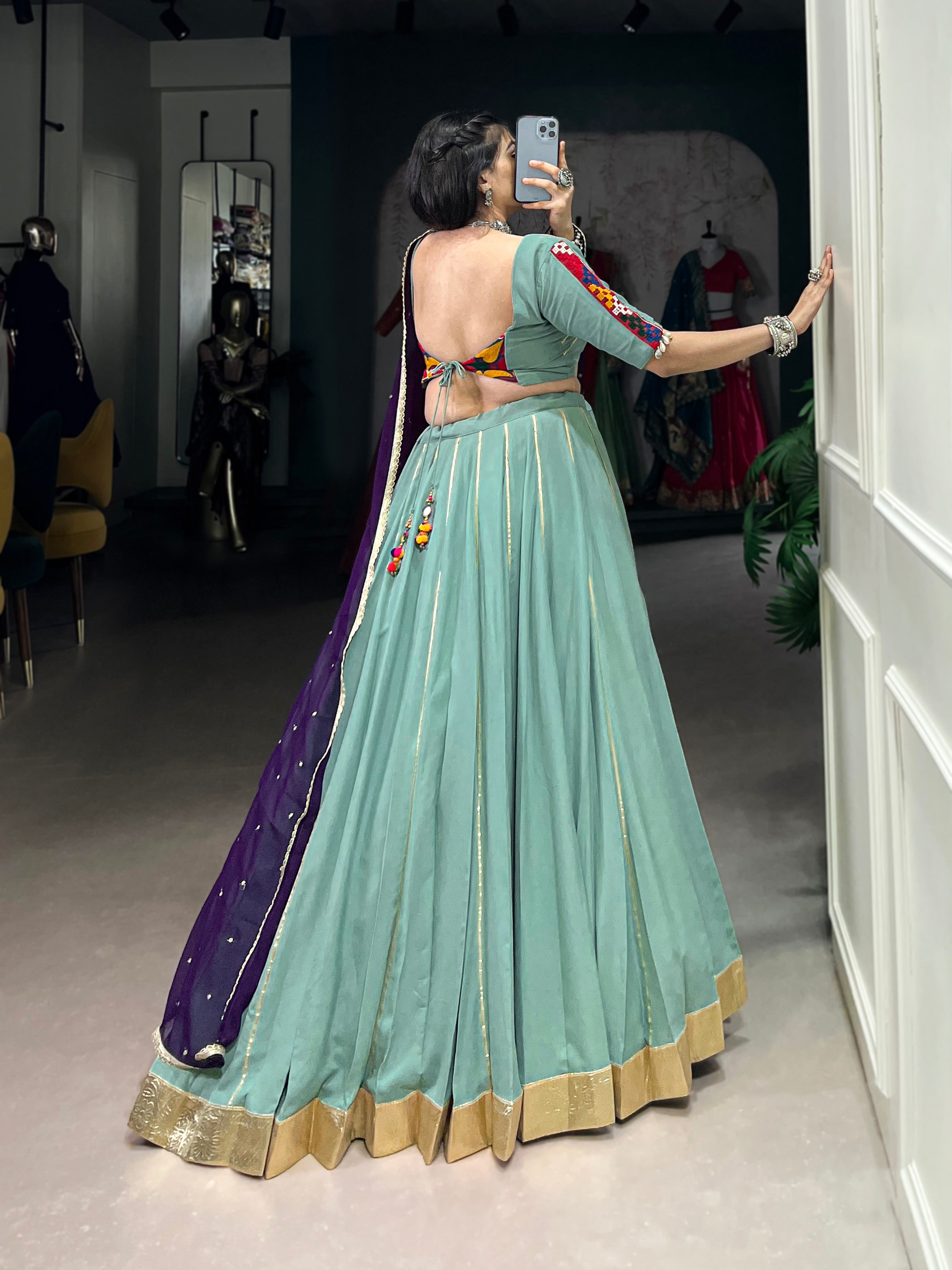 Lorenvalley Seagreen Pure Rayon Embossed Design With Gotta Patti Lace Touch Up Lehenga Choli with Dupatta