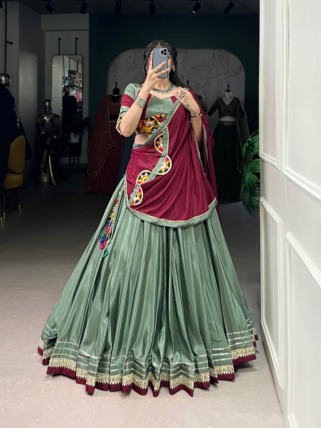 Lorenvalley Seagreen Silk Crepe Sequins And Thread Embroidery Gotta Patti Lace Touch Up Lehenga Choli with Dupatta