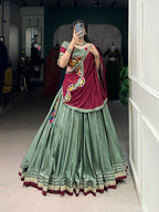 Lorenvalley Seagreen Silk Crepe Sequins And Thread Embroidery Gotta Patti Lace Touch Up Lehenga Choli with Dupatta