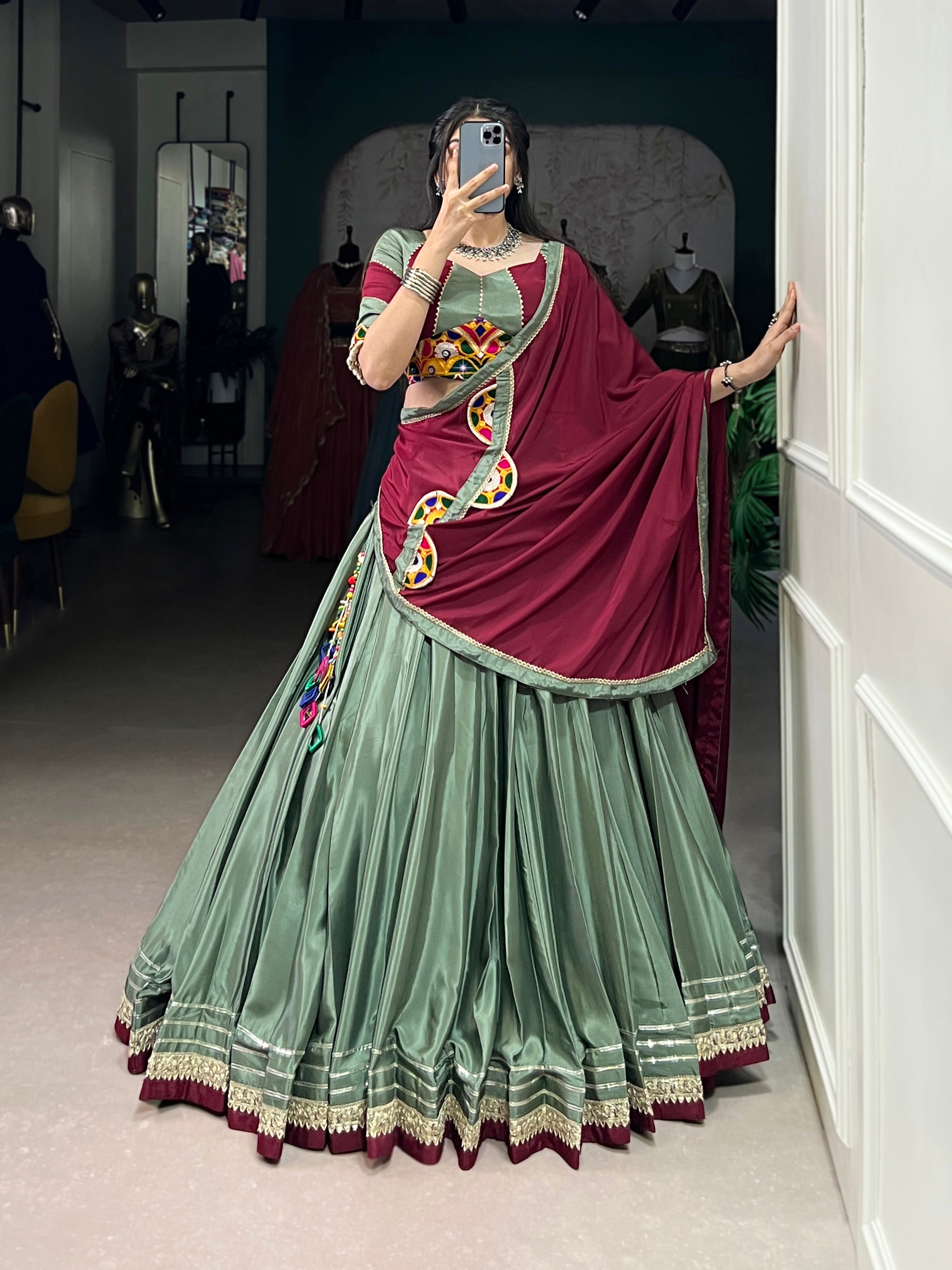 Lorenvalley Seagreen Silk Crepe Sequins And Thread Embroidery Gotta Patti Lace Touch Up Lehenga Choli with Dupatta