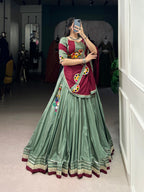 Lorenvalley Seagreen Silk Crepe Sequins And Thread Embroidery Gotta Patti Lace Touch Up Lehenga Choli with Dupatta