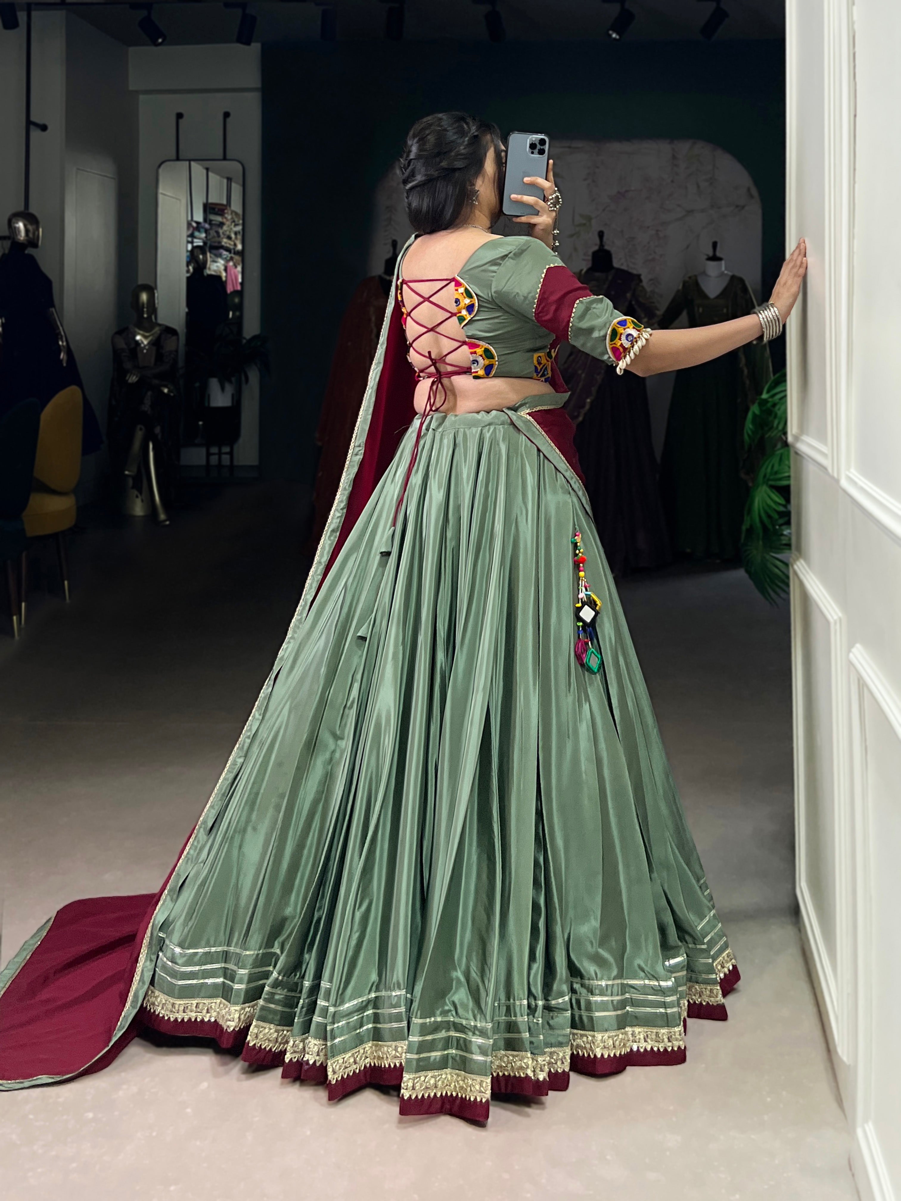 Lorenvalley Seagreen Silk Crepe Sequins And Thread Embroidery Gotta Patti Lace Touch Up Lehenga Choli with Dupatta