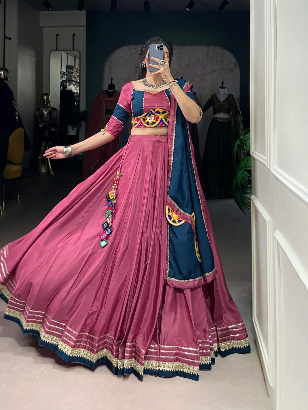 Lorenvalley Pink Silk Crepe Sequins And Thread Embroidery Gotta Patti Lace Touch Up Lehenga Choli with Dupatta