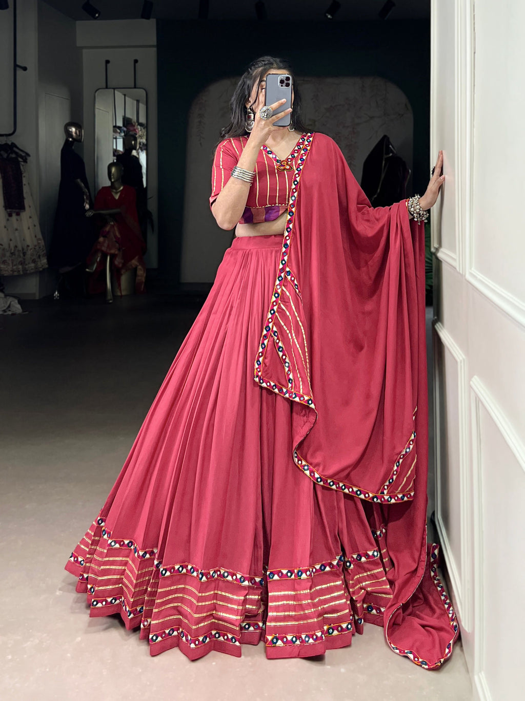 Lorenvalley Fashion Darkpink Pure Rayon Original Mirror Gamthi Work With Gotta Patti Lace Touch Up Lehenga Choli with Dupatta