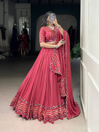 Lorenvalley Fashion Darkpink Pure Rayon Original Mirror Gamthi Work With Gotta Patti Lace Touch Up Lehenga Choli with Dupatta