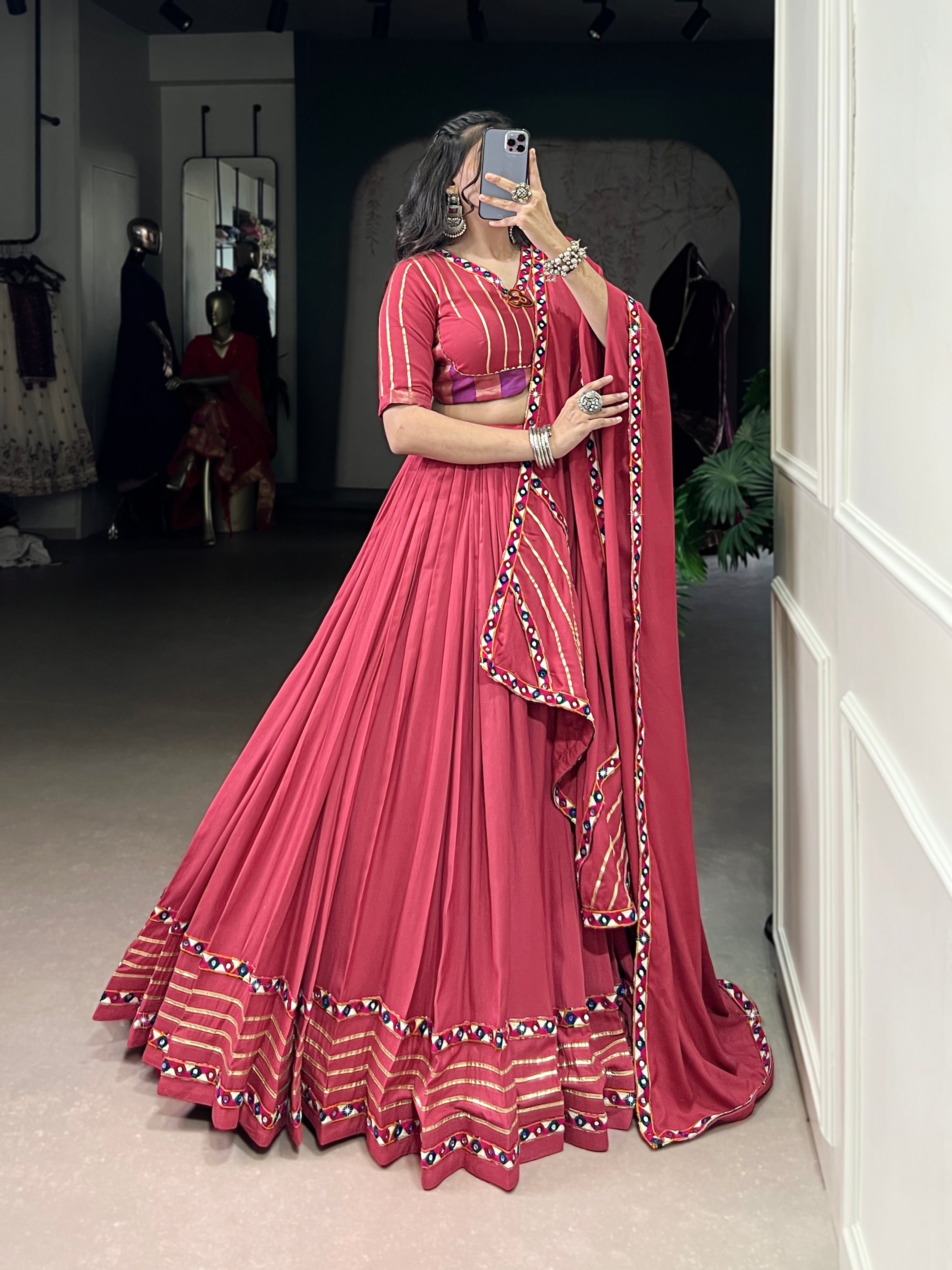Lorenvalley Fashion Darkpink Pure Rayon Original Mirror Gamthi Work With Gotta Patti Lace Touch Up Lehenga Choli with Dupatta