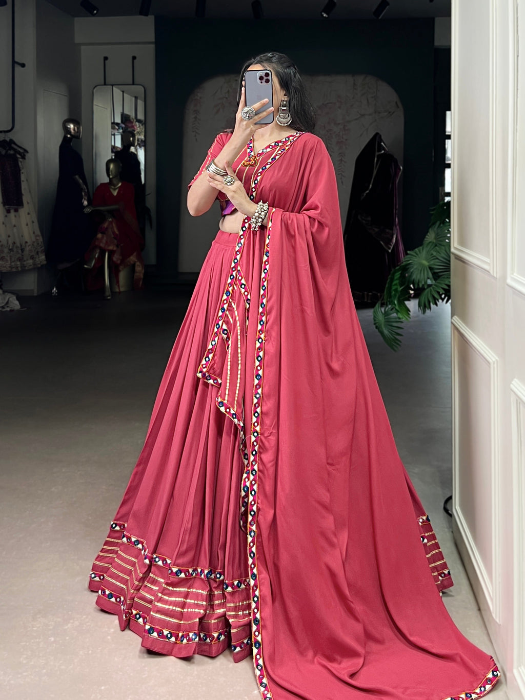Lorenvalley Fashion Darkpink Pure Rayon Original Mirror Gamthi Work With Gotta Patti Lace Touch Up Lehenga Choli with Dupatta