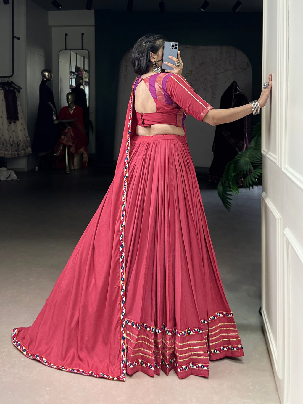 Lorenvalley Fashion Darkpink Pure Rayon Original Mirror Gamthi Work With Gotta Patti Lace Touch Up Lehenga Choli with Dupatta