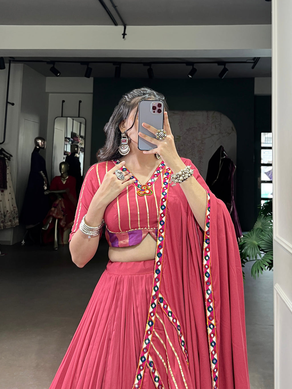 Lorenvalley Fashion Darkpink Pure Rayon Original Mirror Gamthi Work With Gotta Patti Lace Touch Up Lehenga Choli with Dupatta