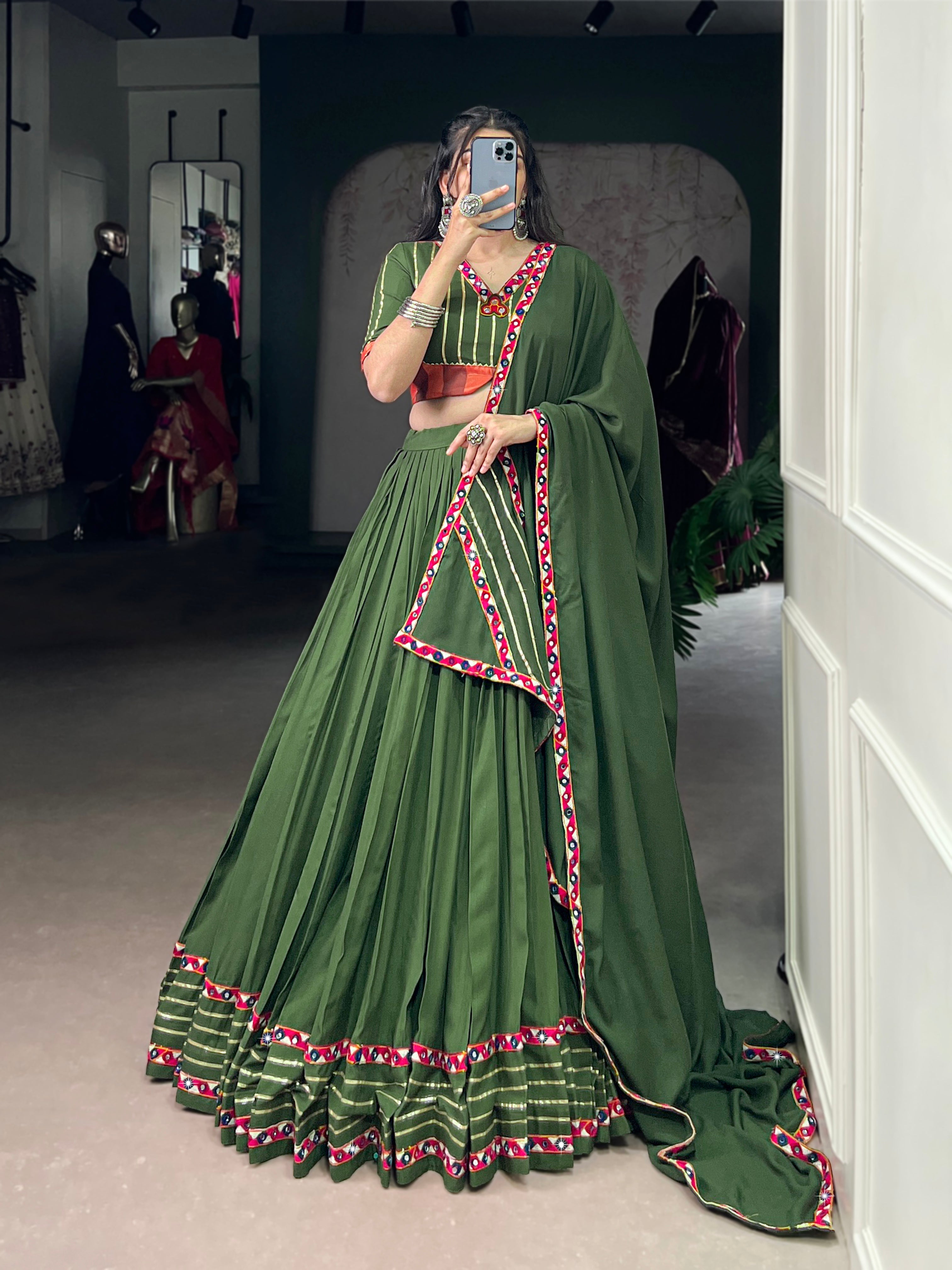 Lorenvalley Fashion Mahendi Pure Rayon Original Mirror Gamthi Work With Gotta Patti Lace Touch Up Lehenga Choli with Dupatta