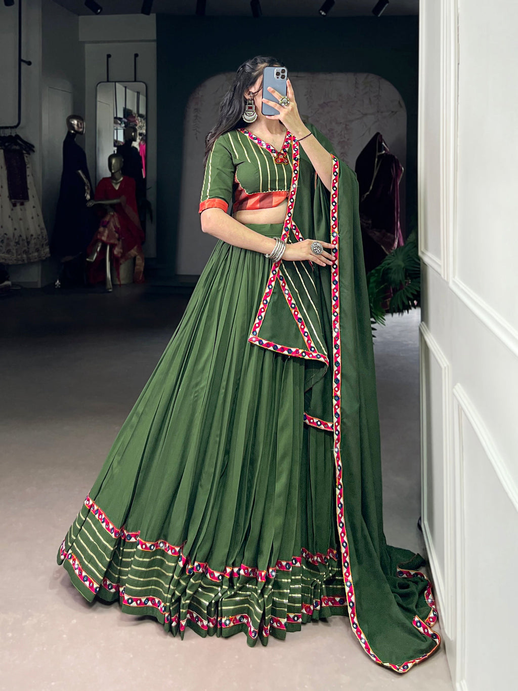 Lorenvalley Fashion Mahendi Pure Rayon Original Mirror Gamthi Work With Gotta Patti Lace Touch Up Lehenga Choli with Dupatta