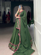 Lorenvalley Fashion Mahendi Pure Rayon Original Mirror Gamthi Work With Gotta Patti Lace Touch Up Lehenga Choli with Dupatta