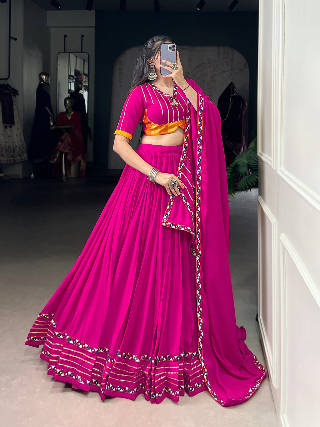 Lorenvalley Fashion Pink Pure Rayon Original Mirror Gamthi Work With Gotta Patti Lace Touch Up Lehenga Choli with Dupatta