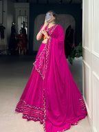 Lorenvalley Fashion Pink Pure Rayon Original Mirror Gamthi Work With Gotta Patti Lace Touch Up Lehenga Choli with Dupatta