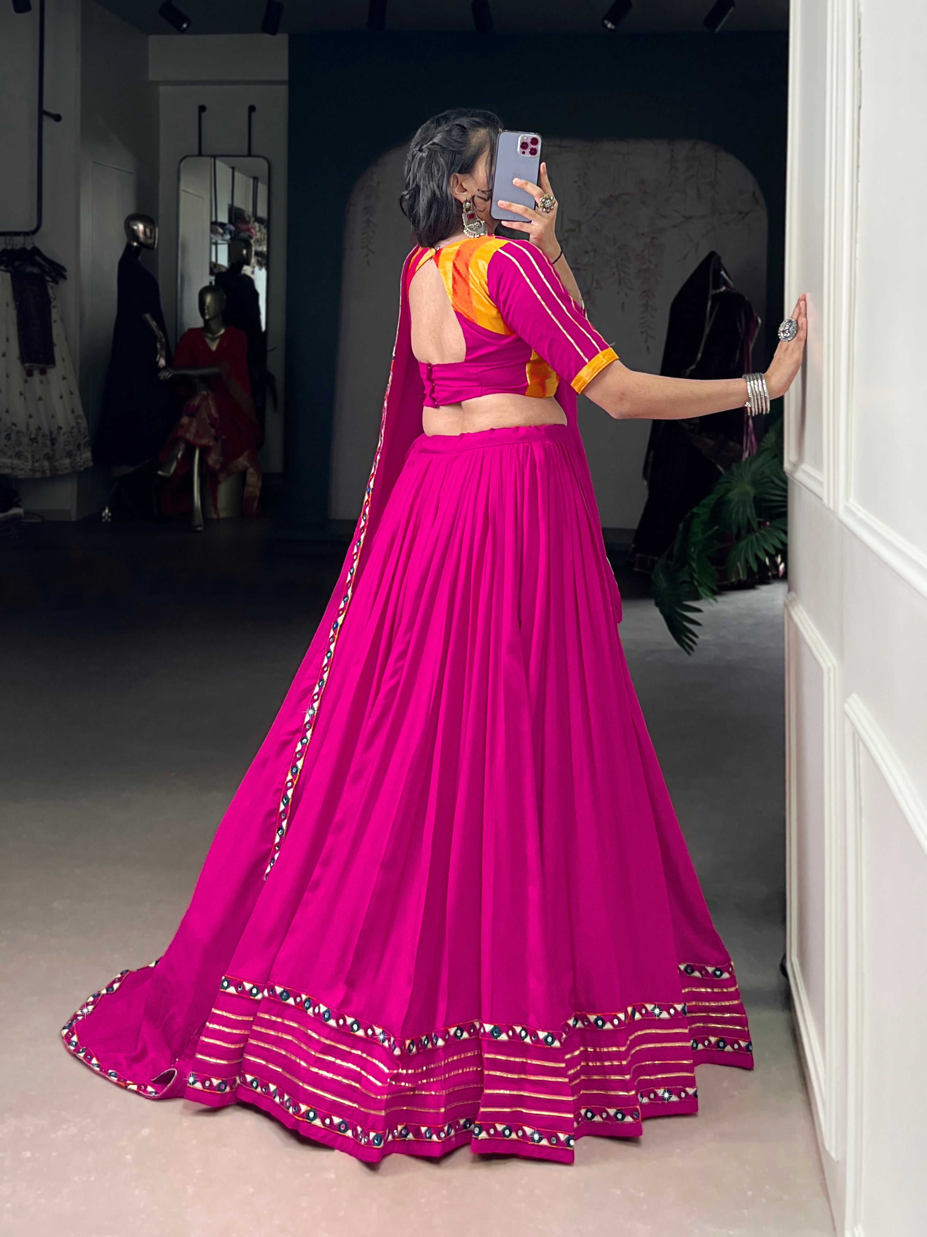 Lorenvalley Fashion Pink Pure Rayon Original Mirror Gamthi Work With Gotta Patti Lace Touch Up Lehenga Choli with Dupatta