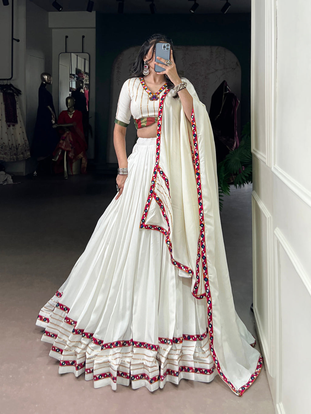 Lorenvalley Fashion White Pure Rayon Original Mirror Gamthi Work With Gotta Patti Lace Touch Up Lehenga Choli with Dupatta
