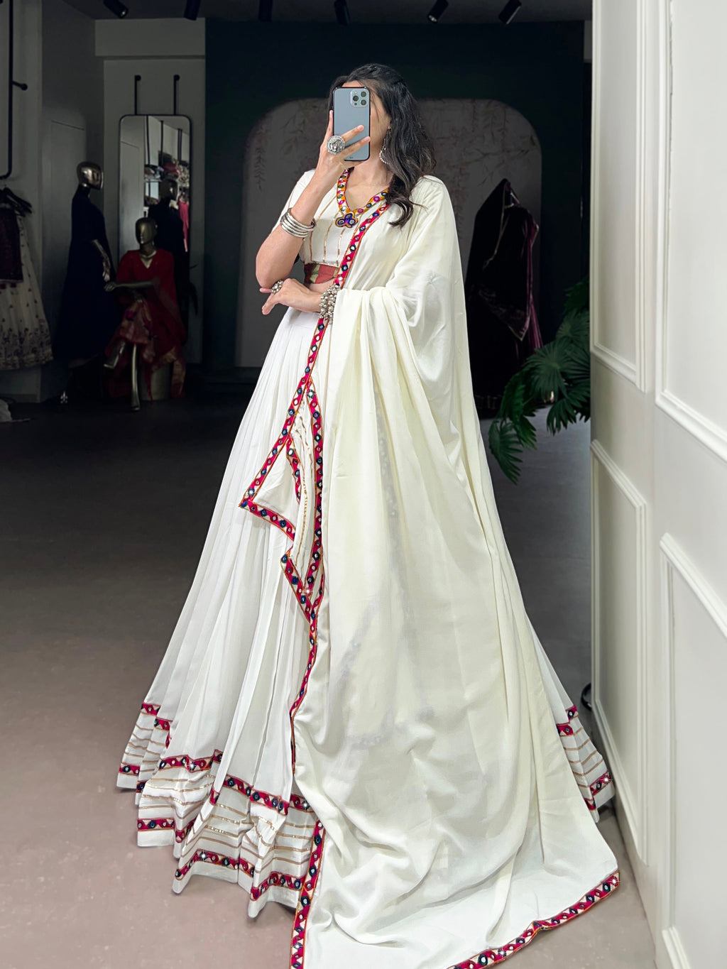 Lorenvalley Fashion White Pure Rayon Original Mirror Gamthi Work With Gotta Patti Lace Touch Up Lehenga Choli with Dupatta