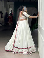 Lorenvalley Fashion White Pure Rayon Original Mirror Gamthi Work With Gotta Patti Lace Touch Up Lehenga Choli with Dupatta