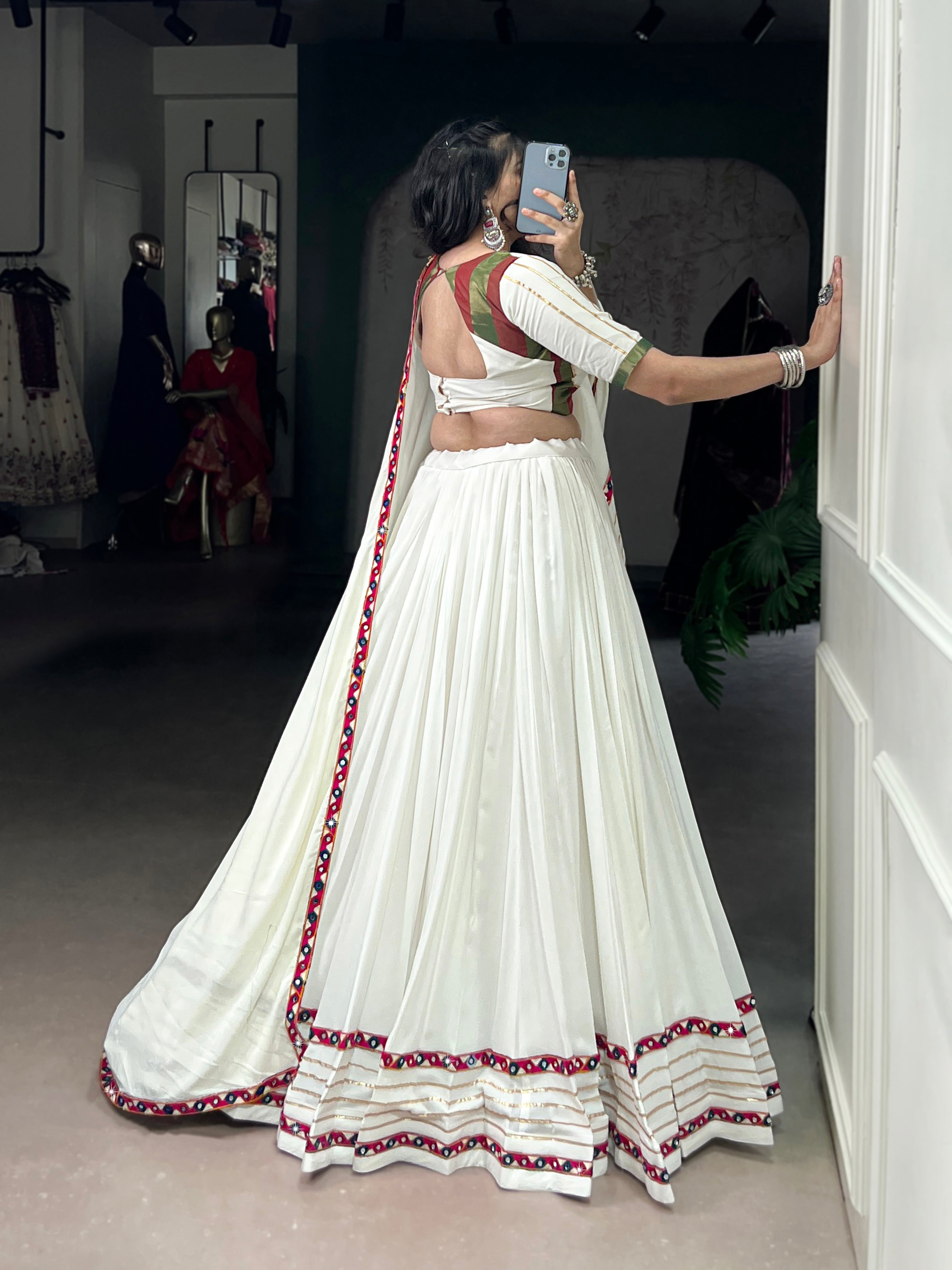 Lorenvalley Fashion White Pure Rayon Original Mirror Gamthi Work With Gotta Patti Lace Touch Up Lehenga Choli with Dupatta
