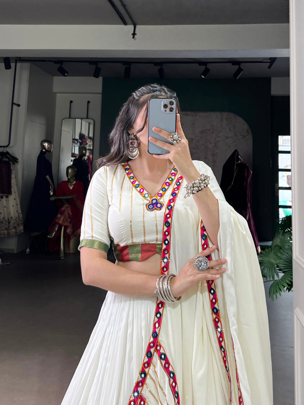 Lorenvalley Fashion White Pure Rayon Original Mirror Gamthi Work With Gotta Patti Lace Touch Up Lehenga Choli with Dupatta