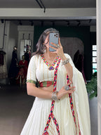 Lorenvalley Fashion White Pure Rayon Original Mirror Gamthi Work With Gotta Patti Lace Touch Up Lehenga Choli with Dupatta