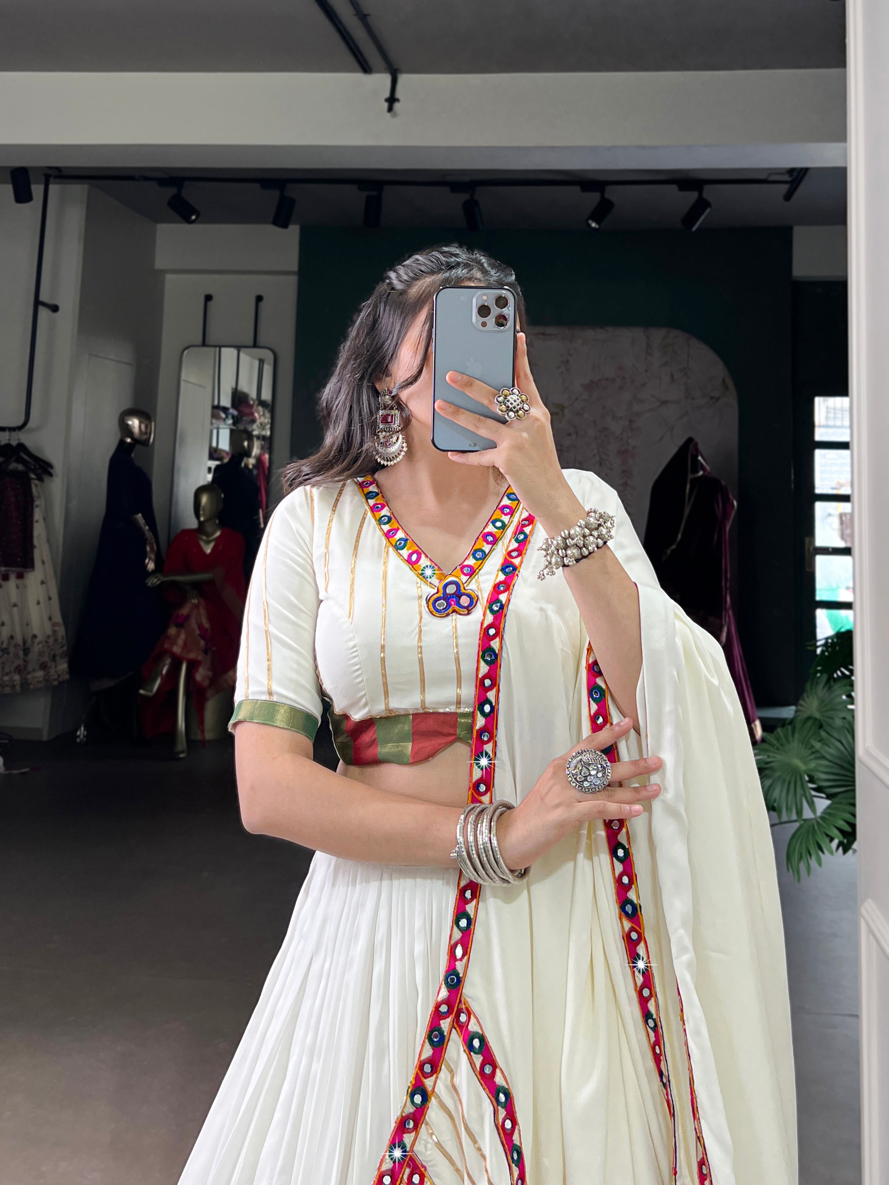 Lorenvalley Fashion White Pure Rayon Original Mirror Gamthi Work With Gotta Patti Lace Touch Up Lehenga Choli with Dupatta