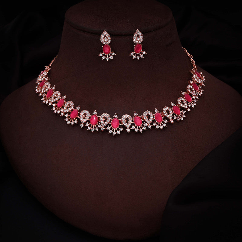 Tehzeeb Creations Pink Colour Ad Studded Necklace Jewellery Set With Matching Earrings For Women And Girls
