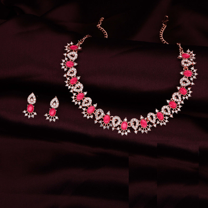 Tehzeeb Creations Pink Colour Ad Studded Necklace Jewellery Set With Matching Earrings For Women And Girls