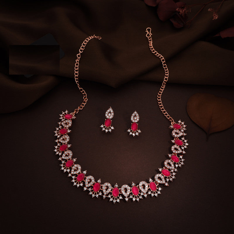 Tehzeeb Creations Pink Colour Ad Studded Necklace Jewellery Set With Matching Earrings For Women And Girls