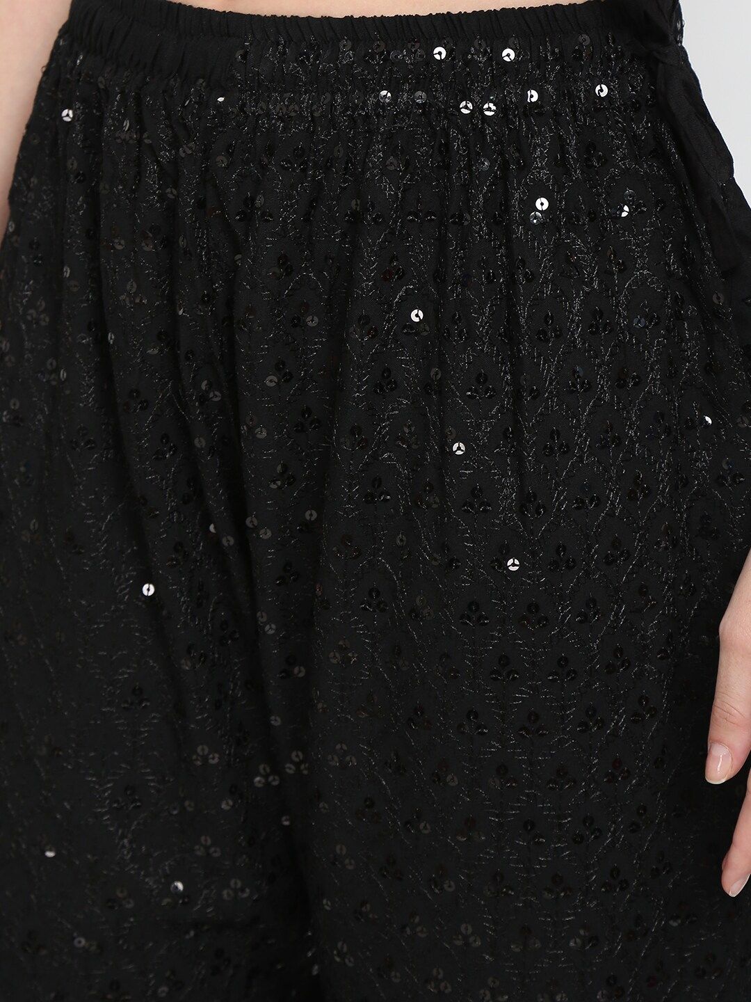 TAG 7 Women Black Ethnic Motifs Embroidered Sequin Flared Ethnic Palazzos