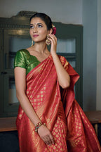 Vardha Beautiful Scarlet Red Zari Work Kanjeevaram Silk Saree