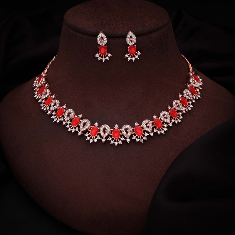 Tehzeeb Creations Red Colour Ad Studded Necklace Jewellery Set With Matching Earrings For Women And Girls