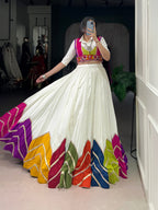 Lorenvalley Fashion White Rayon Multi Colour Patch With Lace Touch Up Lehenga Choli with Koti