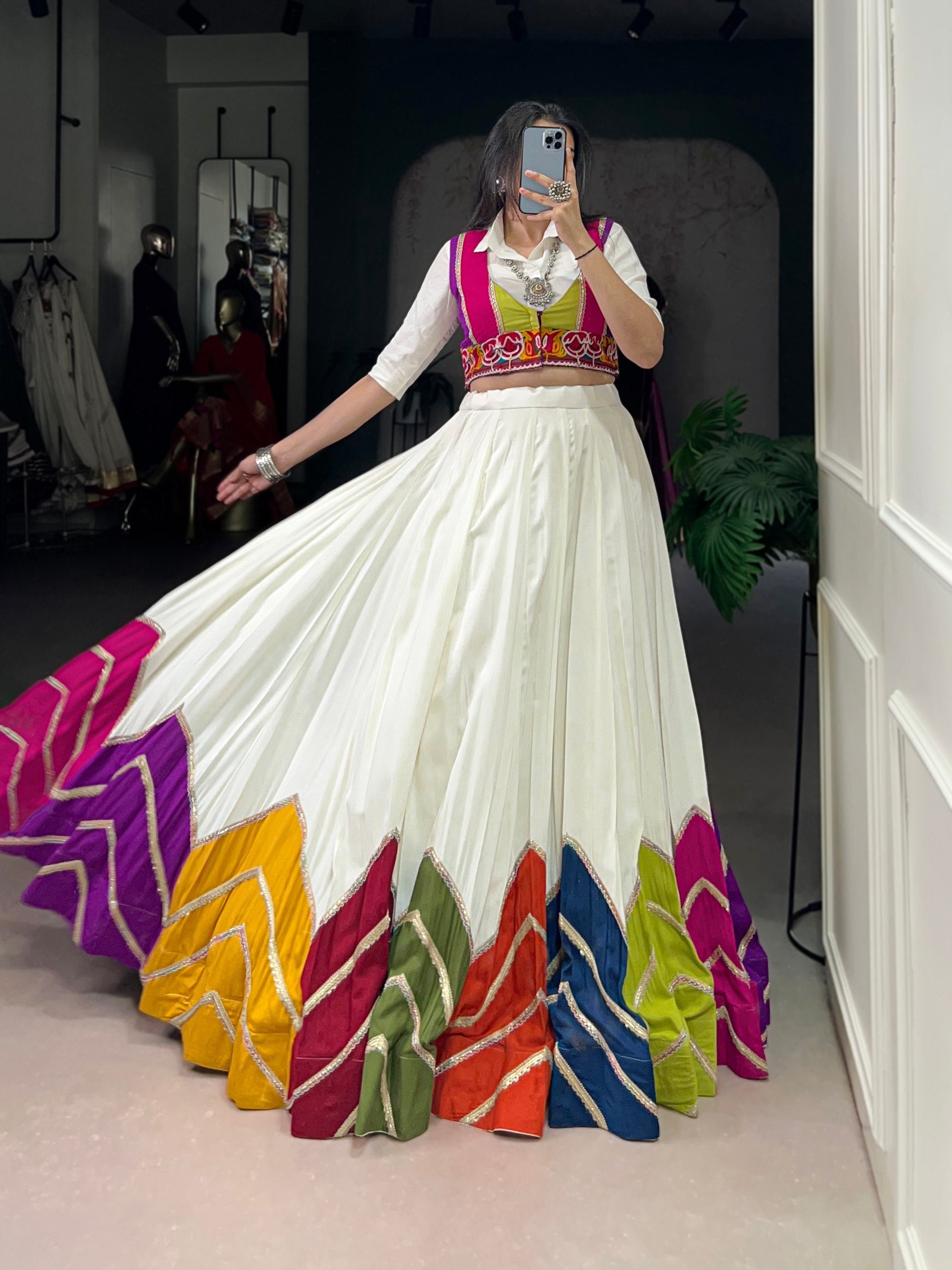 Lorenvalley Fashion White Rayon Multi Colour Patch With Lace Touch Up Lehenga Choli with Koti