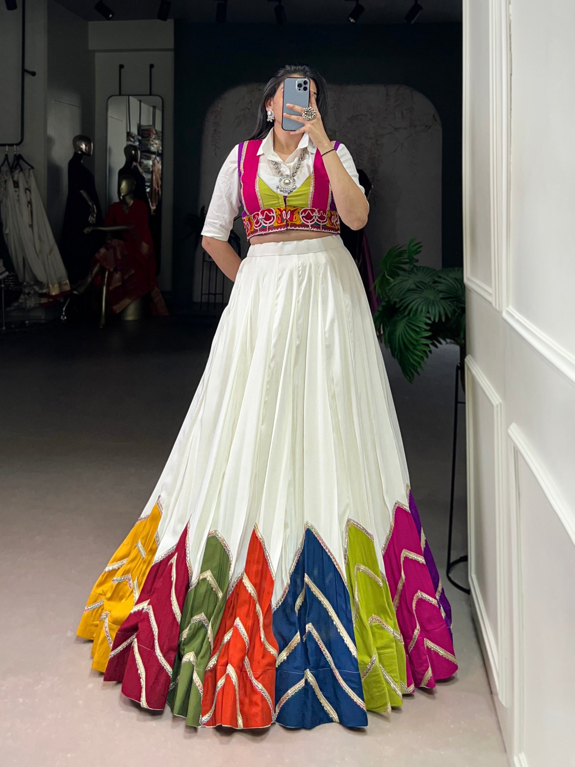 Lorenvalley Fashion White Rayon Multi Colour Patch With Lace Touch Up Lehenga Choli with Koti