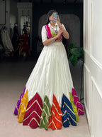 Lorenvalley Fashion White Rayon Multi Colour Patch With Lace Touch Up Lehenga Choli with Koti