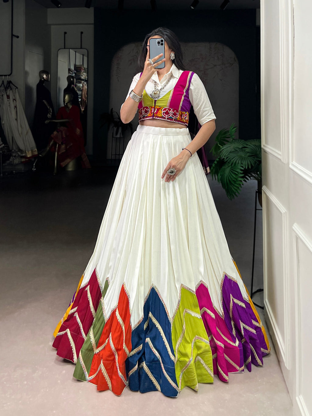 Lorenvalley Fashion White Rayon Multi Colour Patch With Lace Touch Up Lehenga Choli with Koti